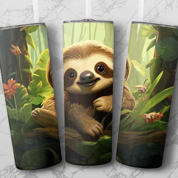 Cute Sloth Jungle Scene 20 oz Skinny Tumbler Sublimation Design, Straight & Tapered Wrap, Tumbler Wrap, Tumbler PNG, Instant Download