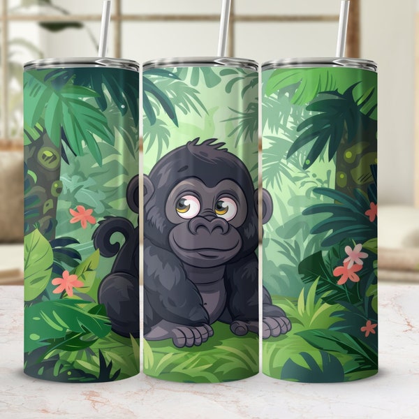 Jungle Adventure Gorilla Tumbler Wrap, Tropical Leaves and Wildlife, Durable 20oz Cup Graphics, Kid-Friendly Drinkware Accessory