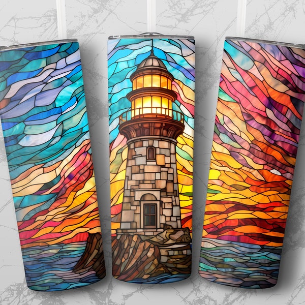 Stain Glass Lighthouse 20 oz Skinny Tumbler Sublimation Design, Straight & Tapered Wrap, Tumbler Wrap, Tumbler PNG, Instant Download