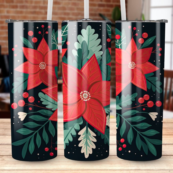 Pontsettias Flowers Christmas Theme 20 oz Skinny Tumbler Sublimation Design, Straight & Tapered Wrap, Tumbler PNG, Instant Download