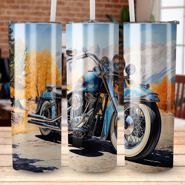 Blue Harley Fall Mountain Scene 20 oz Skinny Tumbler Sublimation Design, Straight & Tapered Wrap, Tumbler Wrap, Tumbler PNG