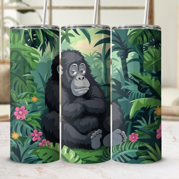 Jungle Gorilla 20oz Tumbler Wrap, Tropical Leaves Design, Stainless Steel Cup Sleeve, Insulated Bottle Decal, Wildlife Themed Drinkware