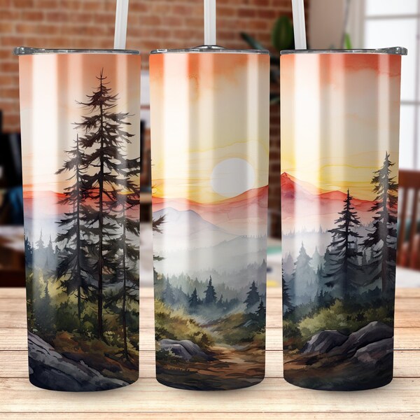 Camping Sunset Mountain Forest 20 oz Skinny Tumbler Sublimation Design, Straight & Tapered Wrap, Tumbler Wrap, Tumbler PNG