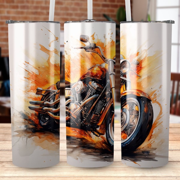 Harley  Flames  Watercolor 20 oz Skinny Tumbler Sublimation Design, Straight & Tapered Wrap, Tumbler Wrap, Tumbler PNG