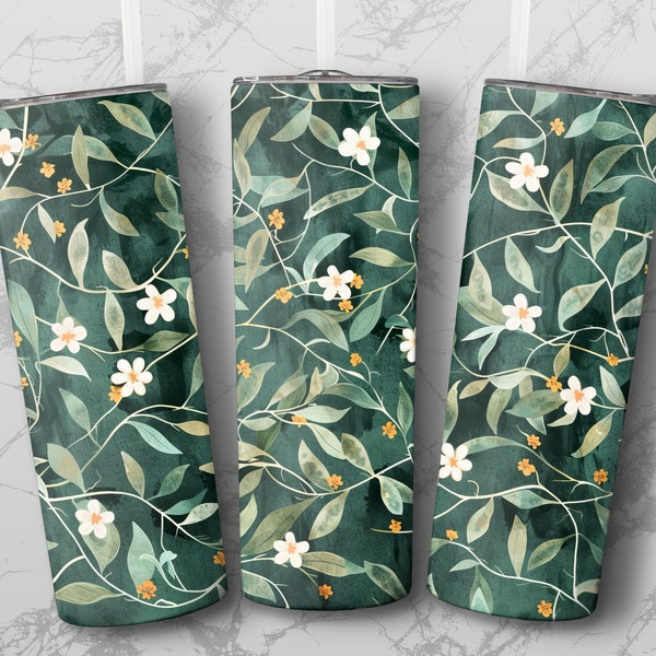 Floral Tumbler Wrap Design, 20oz Digital Download, Green Leaf and Flower Pattern, Sublimation Graphic, Full Wrap, Tumbler Accessory