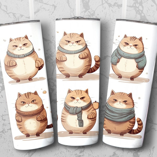 Cute Cat Tumbler Design, Adorable Cartoon Cats 20oz Wrap, Unique Cat Lover Gift, Whimsical Kitty Illustrations, Cozy Cats with Scarves