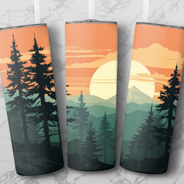 Mountain Sunset Pine Tree Landscape 20 oz Skinny Tumbler Sublimation Design, Straight & Tapered Wrap, Tumbler Wrap, Tumbler PNG