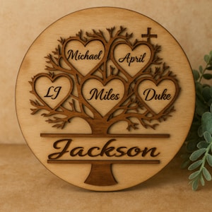 Personalized Family Tree Wood Sign – Custom Names – Grandma Gift – Anniversary or Holiday Keepsake – Engraved Round Plaque