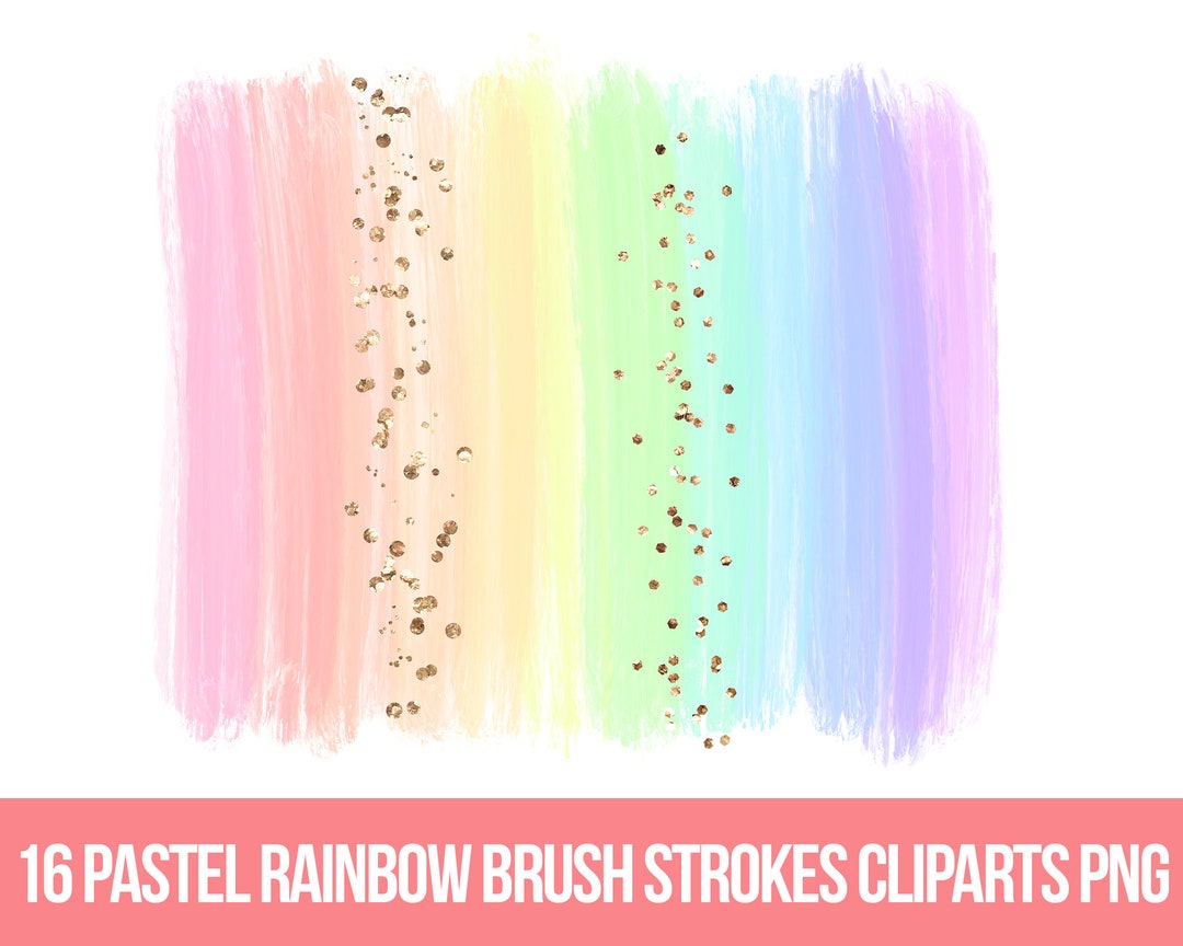 16 Pastel Rainbow Paint Brush Stroke Png Bundle, Hand Drawn, Brush