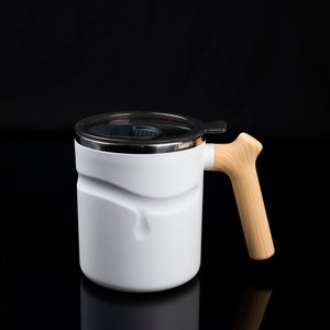 White Insulated Coffee Mug: Large 16oz, Wood Handle