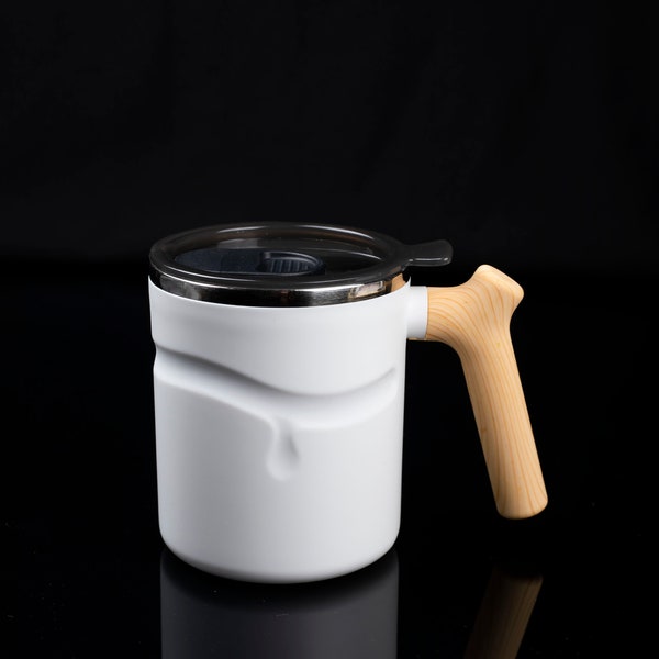 White wooden handle large capacity coffee mug, mug, wooden handle design, easy to hold coffee mug