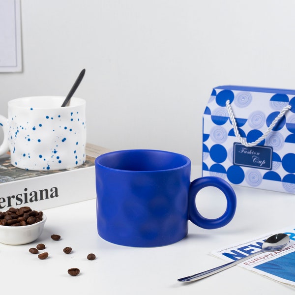 handmade coffee mug with spoon，Ceramic coffee mug15oz，Klein Blue Coffee Mug that are microwave and dishwasher safe