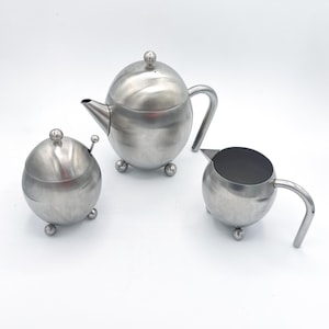 Set of 3 Mid-Century Modern Stainless Steel Teapot, Creamer & Sugar Bowl 1960s