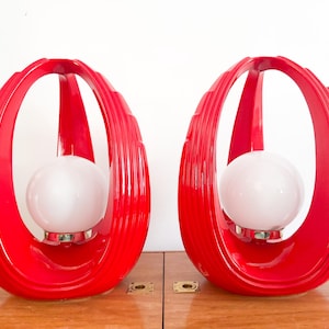 Pair of Red Space Age Sculptural Ceramic Table Lamps, Canada 1980s Post Modern