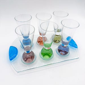 Shot Glass Set with Colored Bubble Bases and Tray, Set of 7 - 1980s