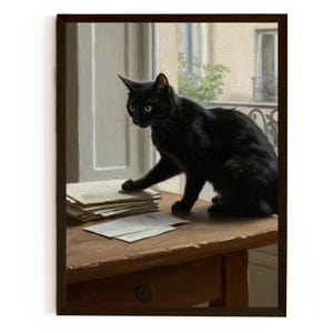Black Cat at Desk Art Print - Whimsical Animal Art Decor
