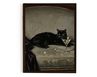 Black Cat Martini Art Print: Whimsical Cocktail Lover Gift *US orders DDP*