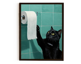 Black Cat Toilet Paper Art Print - Funny Bathroom Decor - Quirky Cat Lover Gift *US orders DDP*