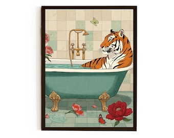 Tiger in Bathtub Art Print – Funny Animal Quirky Bathroom Decor, Cute Tiger Poster, Unique Gift for Animal Lovers, Fun Wall Art for Bathroom