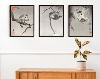 Set of 3 Ohara Koson Monkey Prints A4 A3 | Gray Japanese Animal Wall Art | Nature Decor for Living Room & Office
