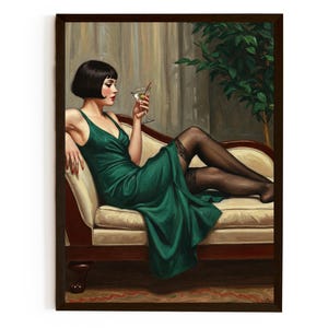 Poster Vrouw drinkende martini - decor in vintagestijl, verfijnde woondecoratie
