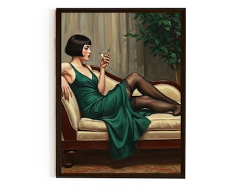 Woman Drinking Martini Poster – Vintage Style Wall Art, Sophisticated Bar Decor, Retro Glamour Illustration, Elegant Cocktail Print