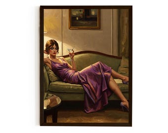 Elegant Woman Art Print - Vintage Style Martini Painting - Glamorous Lady on Couch - Retro Home Decor