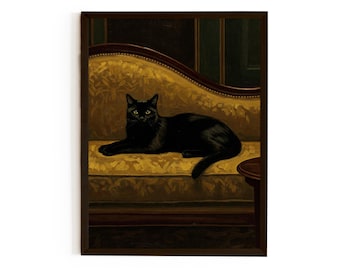Vintage Black Cat Art Print, Victorian Style Feline Portrait, Dark Academia Wall Decor