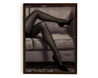 Stylish Black Woman Art Print | High Heels on Couch Portrait | Modern Feminine Wall Decor *US orders DDP*