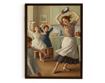 Dancing in the Kitchen Art Print, Vintage Style Family Painting, Mother and Daughters Wall Art