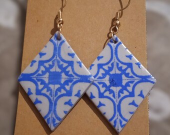 Blue and grey earrings, azulejos inspiration for summer, 925 silver hooks