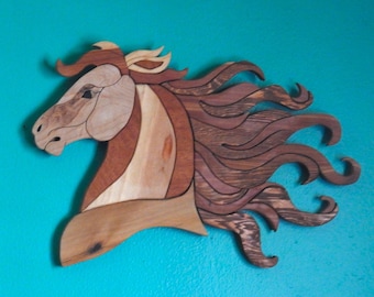 Flowing Mane Stallion Head Intarsia - Equine Art - Wild Animal - Hand Made - Western Art- One of a Kind - Natural Wood Horsehead