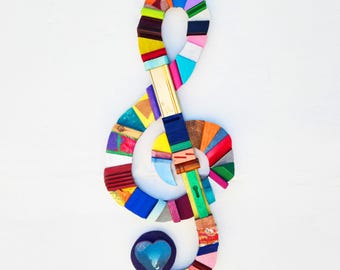 Arte mural de clave de sol - Partitura musical - Música clásica - Rock and Roll - Country - Notas musicales - Obra original - Única - Madera reciclada