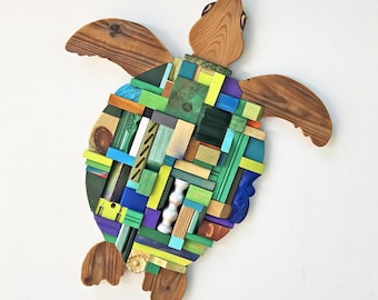 Tortuga marina GRANDE Arte en madera multicolor - 3D - Reciclado - Pieza única - Hecho a mano - Océanos - Vida marina - Salvemos nuestros mares - Día de la Tierra - Playa