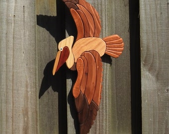 Flying Brown Pelican Intarsia - Island Seabird - Caribbean Flyer -  Fishing Companion - State Bird of Louisiana - One of a Kind - Hand Made