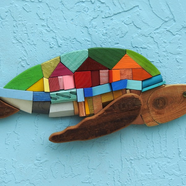 Colorful Big Block Sea Turtle Wood Art - Sideways Turtle - Wood Intarsia/Big Block - OOAK - Hand Made - Nautical - Sea Life - Salt Life