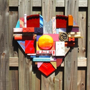 I love you heart - Love - Collage of wooden blocks -  Colorful Reds - Colorful Collage - OOAK - Hand Made in America - That&#39;s Amore