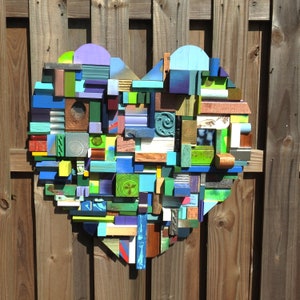 Blue Heart - Big Block Heart - Love - Collage of wooden blocks -  Colorful Blues - Colorful Collage - OOAK  -
