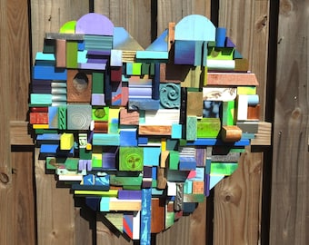 Blue Heart - Big Block Heart - Love - Collage of Wood Blocks - Colorful Blues - Colorful Collage - OOAK - Sustainable Wall Art - Recycled