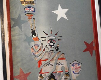 Nation of Immigrants - Statue of Liberty - Celebrate Red White & Blue - Foreign Beer -Let Freedom Ring - OOAK Beer Art - Vote - Lady Liberty