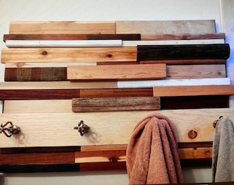 Towel Rack - Recycled Woods with 4 Hooks - Salvaged Woods Coat Rack - Interesting Upscale Art - Made in USA - Beach House - Downtown Loft
