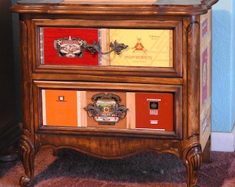 Cigar Lovers' End Table - One of a Kind - Conversation Piece - Upcycled Night Stand - Cigar Box Advertising - Eclectic Home