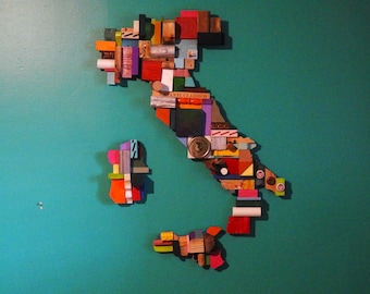 Large Map of Italy & Islands - Colorful blocks - Collage - Sicily - Ortigia - Palermo - Agrigento - Tuscany - Made in USA - One of a Kind