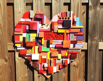 Big Red Heart Wall Art - Love - Collage of Wood Blocks - Colorful Red - Colorful Collage - OOAK - I Love you - Made by Hand - Recycled Art