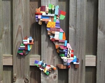 Small Map of Italy & Islands - Colorful blocks - Wood Collage - Sicily - Palermo - Tuscany - Made in USA - One of a Kind - Italia
