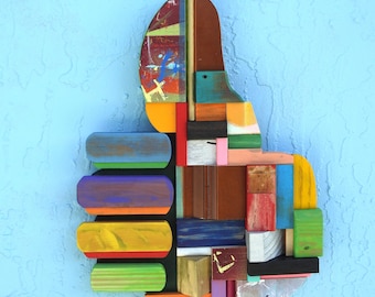 Right Handed Thumbs Up Colorful Big Block - Everything's OK - One of a Kind - Made in USA - Recycled Wd Pieces - Hand Sign Language - Emoji