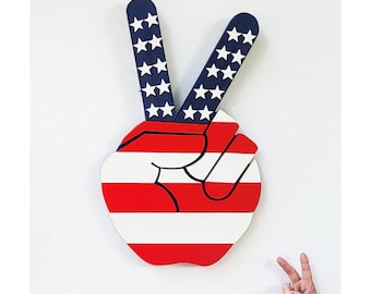 Medium Peace Finger Wall Art - Recycled Wood - Red White & Blue - Stars and Stripes - Americana - Made in America - Handmade - One of a Kind
