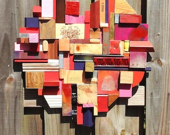 Big Block Heart with Wine Corks - Salute - Red Wine - White Wine - Love - Collage of Wooden Blocks - Colorful Reds - Colorful Collage - OOAK
