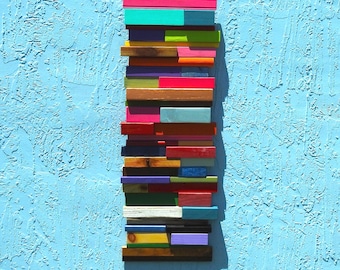 Horizontal Strips & Blocks of Bright Colors - Made in America - OOAK  - Made by Hand - All Recycled Wood Strips - Modern Art - All Texture