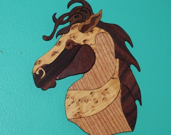 Horse Head Intarsia -Equine Art - Hand Made - Western Art- One of a Kind  - Cowboy Up - Natural Wood Horsehead - Riding - Love of Horses